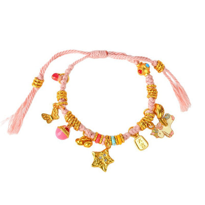 Golden Hammered Star Unicorn Coiled Braided Bracelet with Pink Tibetan Style