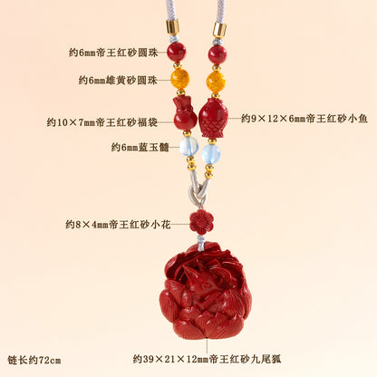 Imperial Red Cinnabar Nine-Tailed Fox Pendant Necklace - Chinese Mystique Women's Spiritual Accessory