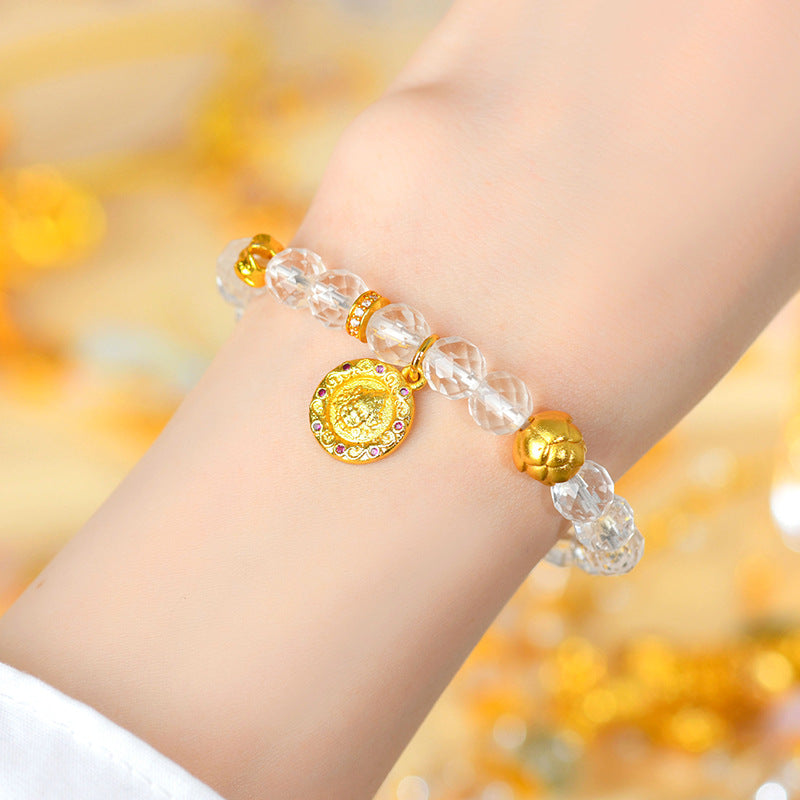Faceted White Crystal Wealth God Lotus Bracelet - Golden Prosperity & Spiritual Protection