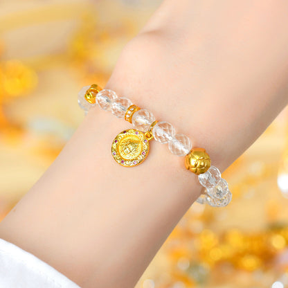 Faceted White Crystal Wealth God Lotus Bracelet - Golden Prosperity & Spiritual Protection