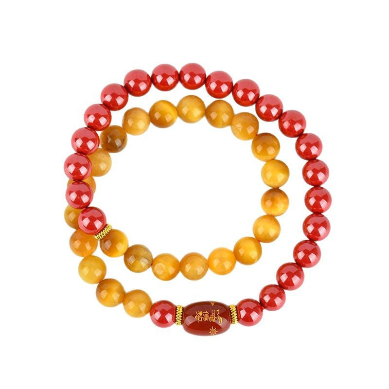 Natural Cinnabar Gold Tiger Eye Double Circle Bracelet - Wealth Protection Spiritual Amulet for Women