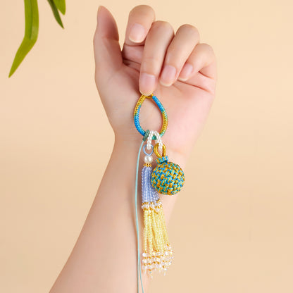 Handwoven Crystal Ball Keychain | Lucky Charm Bag Hanger with Beaded Tassel