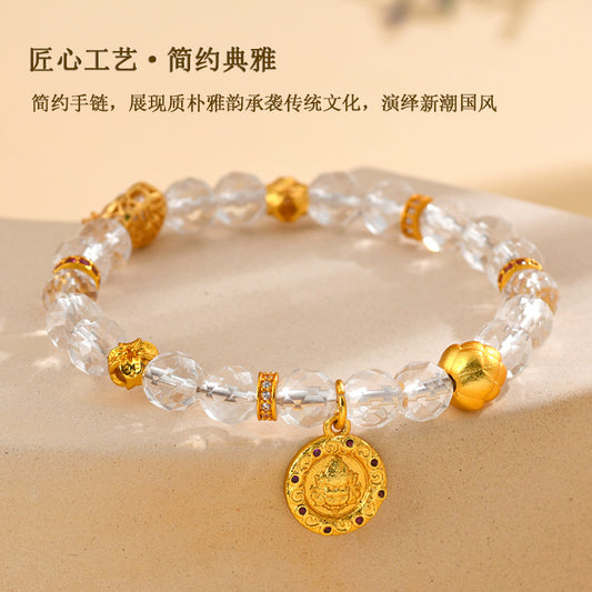 Faceted White Crystal Wealth God Lotus Bracelet - Golden Prosperity & Spiritual Protection