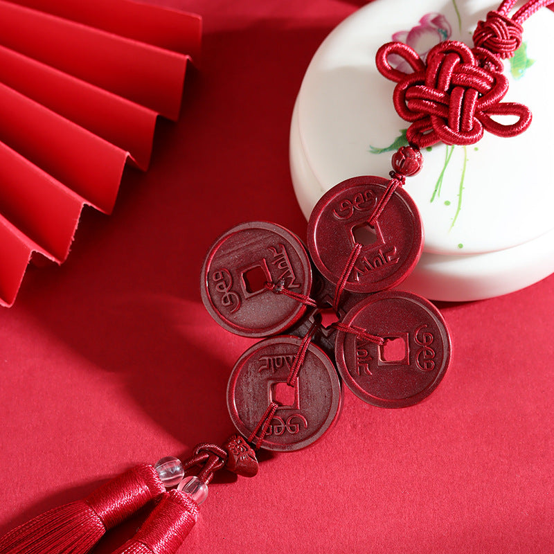 Natural High Content Cinnabar Purple Gold Sand Five Emperors Coin Car Pendant - Safe Journey Amulet