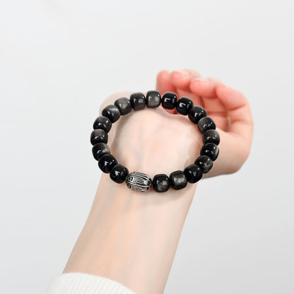 Natural Silver Obsidian Koi Bracelet - Ancient Bead Chinese Style Unisex Protection Amulet