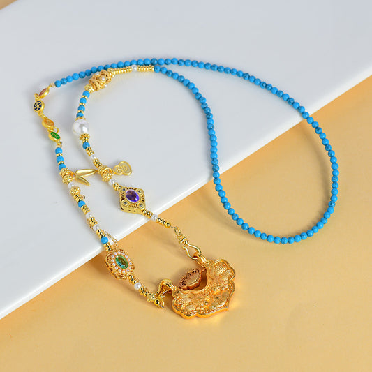 Koi Fish Ruyi Lock Necklace - Ancient Copper Gold Plated Chinese Style Pendant