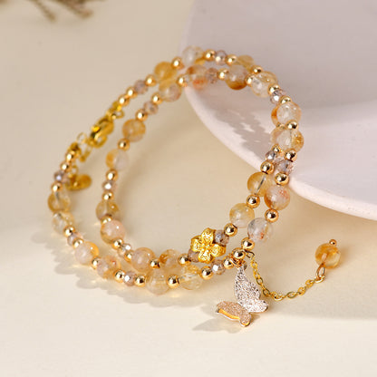 Natural Yellow Pagoda Crystal Butterfly Tassel Double Circle Bracelet for Women