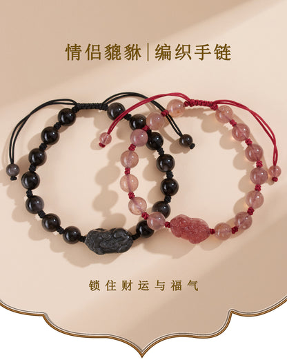 Natural Silver Obsidian Strawberry Crystal Pixiu Couple Bracelet - Hand-Woven for Wealth and Love