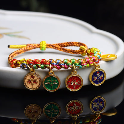 Handwoven Peach Blossom Knot Five-Way God of Wealth Tibetan Thangka Bracelet for Prosperity