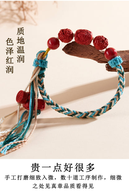 Natural Imperial Red Cinnabar Guanyin Barrel Beads Tibetan Style Bracelet with Pixiu Cat Paw Charm