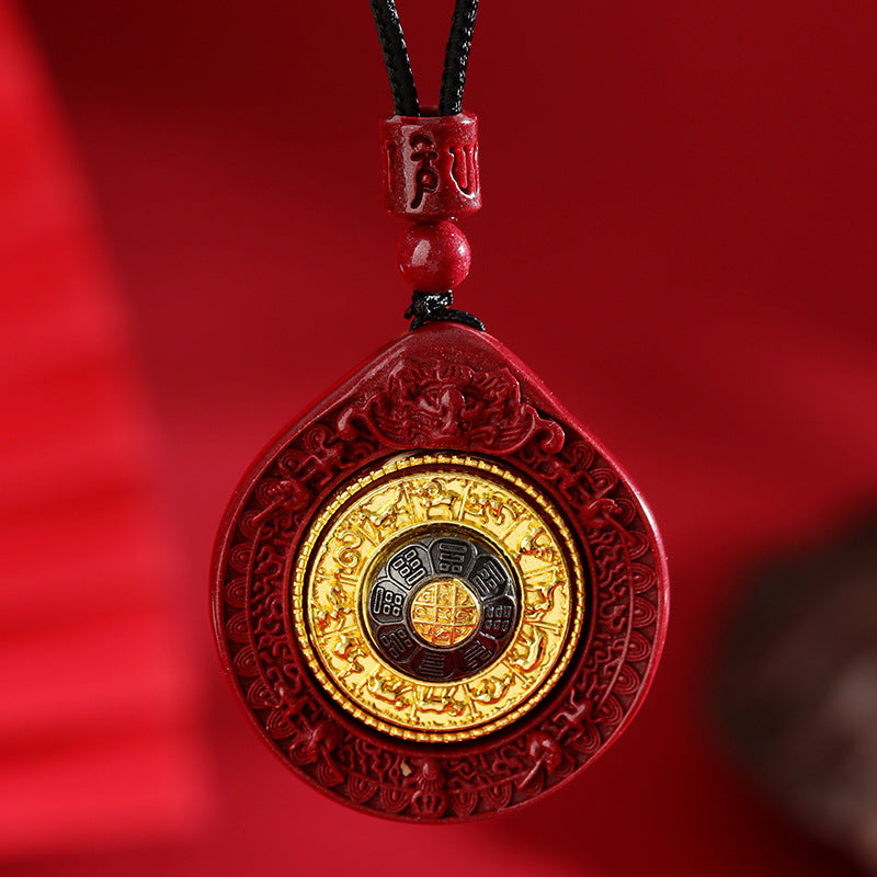 Natural Cinnabar Nine Palaces Eight Diagrams Rotatable Pendant - Tibetan Spiritual Amulet for Protection