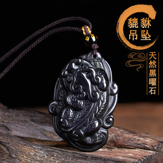 Natural Obsidian Pixiu Pendant Necklace | Chinese Style Unisex Wealth Talisman