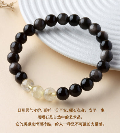 Natural Obsidian Crystal Bracelet with Golden Rutilated Quartz & Gemstones | Spiritual Protection & Wealth Attraction