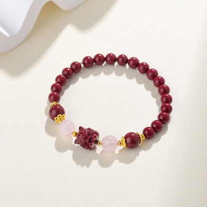 Natural High Content Cinnabar Nine-Tailed Fox Pink Crystal Bracelet - Chinese Artistic Retro Amulet