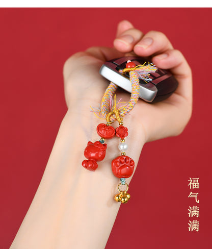 Imperial Red Cinnabar Cat Paw Keychain - Tibetan Woven Style Protection Amulet