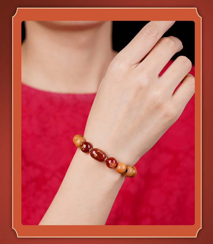 Natural Peach Wood Agate Five-Way Wealth God Fortune Bracelet for Zodiac Birth Year