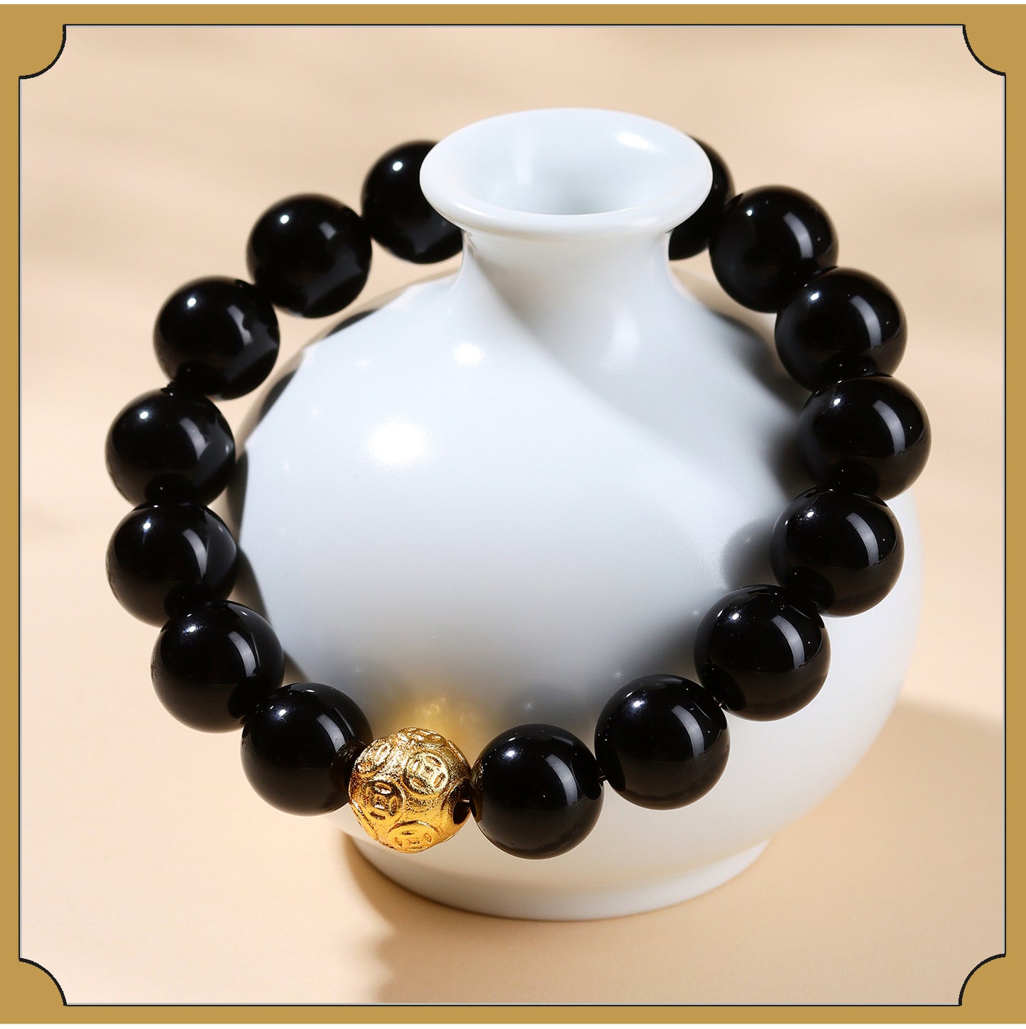 Natural Obsidian Gold Copper Coin Bead Bracelet - Chinese Style Unisex Protection Wealth Charm