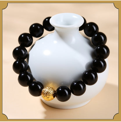 Natural Obsidian Gold Copper Coin Bead Bracelet - Chinese Style Unisex Protection Wealth Charm