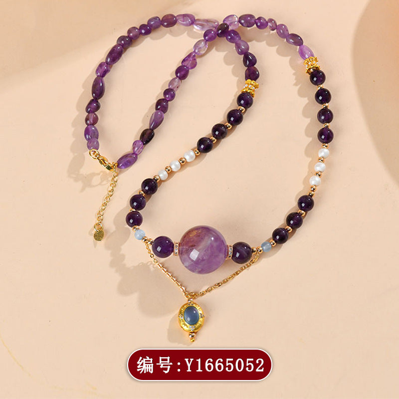 Natural Amethyst Pearl Aquamarine Collarbone Necklace - Spiritual Energy & Elegance