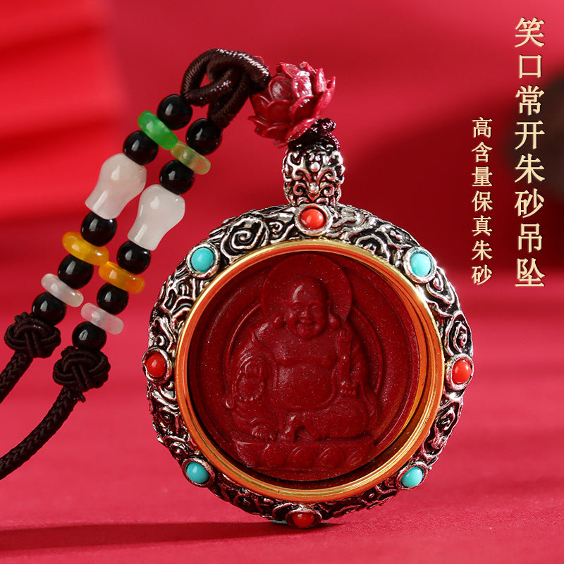Tibetan Style Cinnabar Rotating Thangka Necklace with Buddha Pendant – Spiritual Protection Jewelry