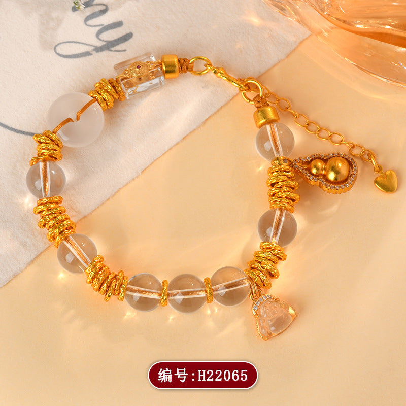 Golden Coiled White Crystal Bracelet with White Agate Peace Buckle - New Chinese Style Spiritual Jewelry