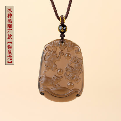 Natural Ice Obsidian Zodiac Triad Pendant Necklace｜Birth Year Protection & Harmony