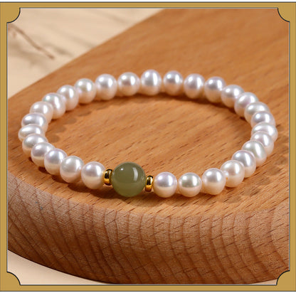 Natural Pearl & Hetian Jade Single Circle Bracelet | Elegant Light Luxury Women's Jewelry