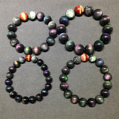 Natural Rainbow Double-Eyed Obsidian Carved Pixiu Bracelet with Red Tiger Crystal - Wealth Guardian Amulet