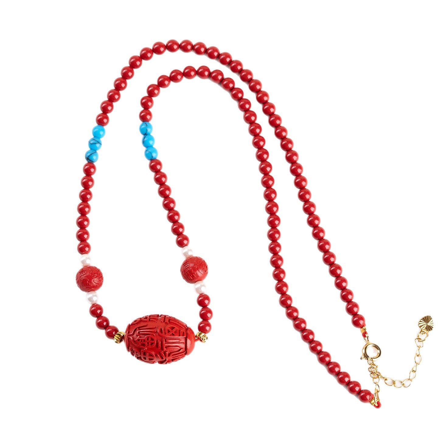 Imperial Red Natural Cinnabar Bead Necklace with Fu Character Drum Pendant - Women's Elegant Collarbone Chain