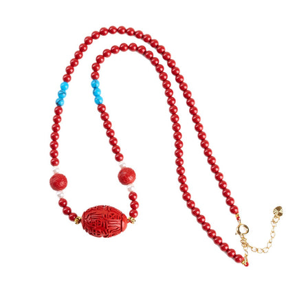 Imperial Red Natural Cinnabar Bead Necklace with Fu Character Drum Pendant - Women's Elegant Collarbone Chain