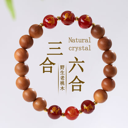 Peach Wood Three-in-One Six-in-One Zodiac Buddha Bracelet - Couples Harmony Protection Amulet