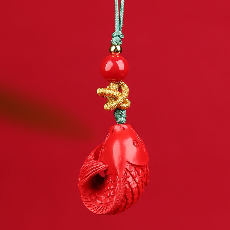 Natural Cinnabar Lucky Cat Nine-Tailed Fox Phone Charm - Wealth & Protection Amulet