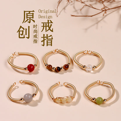 Handmade Crystal Agate Ring with Yellow Rutilated Quartz and Moonstone - Open Wire Wrapped Design for Wealth and Protection