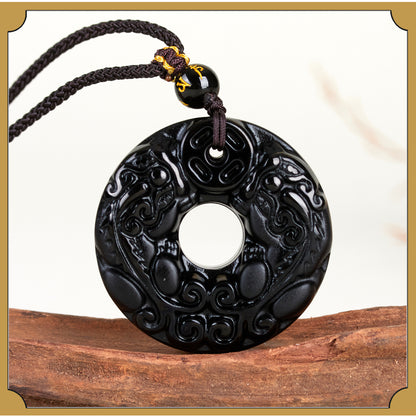 Natural Black Ice Obsidian Double Pixiu Pendant Necklace - Wealth & Protection Talisman
