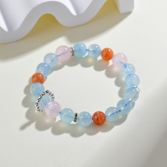 Natural Aquamarine Pink Crystal Sunstone Cancer Zodiac Bracelet | Spiritual Healing & Fashion Elegance
