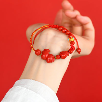 Natural Imperial Red Cinnabar Zodiac Horse Bracelet - Handmade Red String for Birth Year Luck