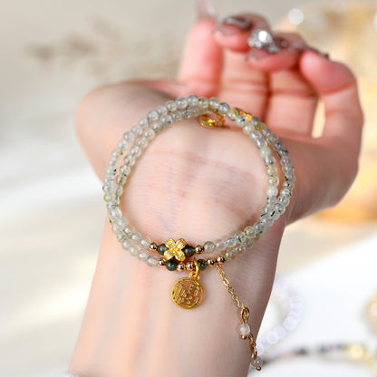 Natural Green Rutilated Quartz Fortune Bracelet | Double Circle Tassel Design for Women
