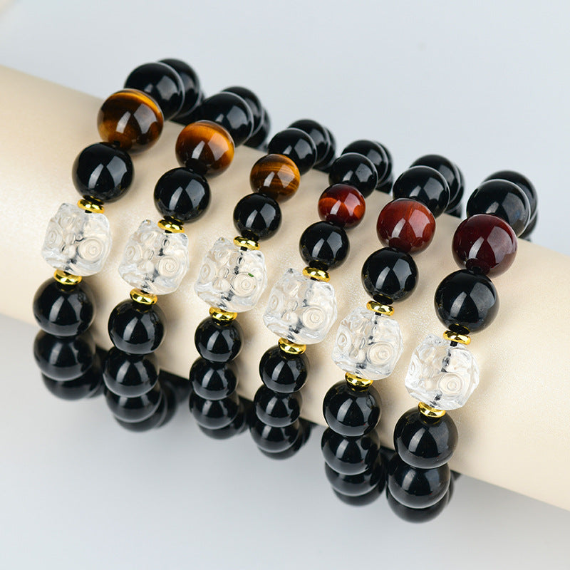 Natural Obsidian Bracelet with White Crystal Lion Awakening - Unisex Spiritual Protection Beaded Jewelry