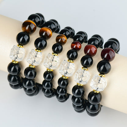 Natural Obsidian Bracelet with White Crystal Lion Awakening - Unisex Spiritual Protection Beaded Jewelry