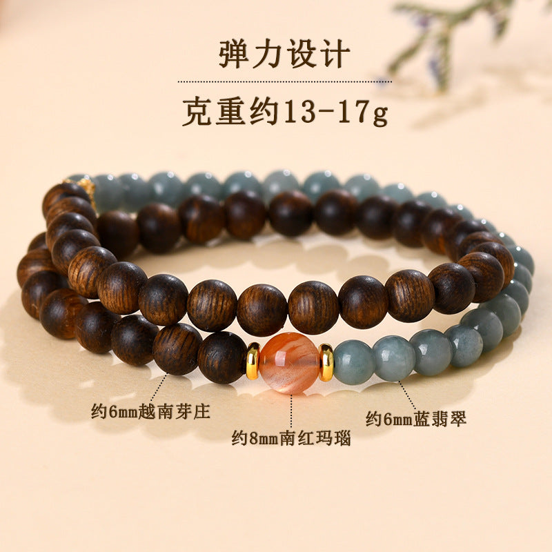 Vietnam Nha Trang Agarwood Blue Jade Double Circle Bracelet - Buddhist Beads for Harmony and Protection