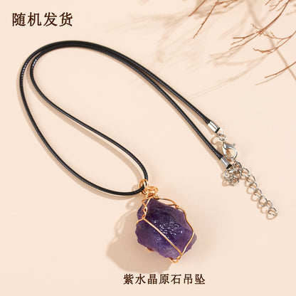 Natural Amethyst Raw Stone Pendant Necklace - Handmade Wire Wrapped Spiritual Jewelry for Protection