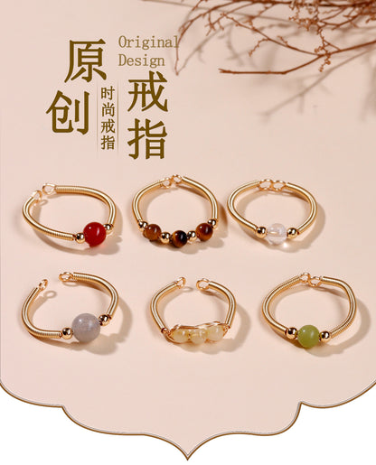 Handmade Crystal Agate Ring with Yellow Rutilated Quartz and Moonstone - Open Wire Wrapped Design for Wealth and Protection