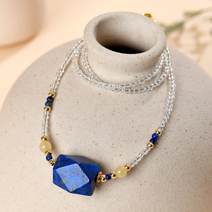 Natural White Crystal Lapis Lazuli Yellow Rutilated Quartz Collarbone Necklace | Spiritual Energy Protection & Wealth Attraction
