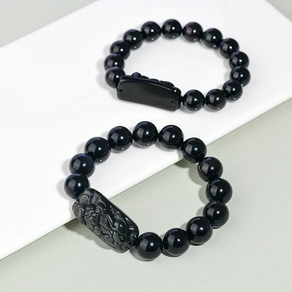 Natural Rainbow Eye Obsidian Pixiu Bracelet - Wealth and Protection Talisman for Couples
