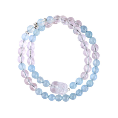 Natural Aquamarine and White Crystal Pixiu Double Circle Bracelet - Spiritual Elegance for Women