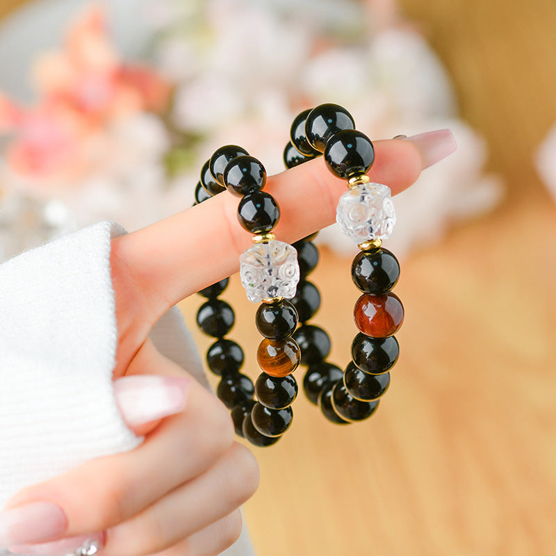 Natural Obsidian Bracelet with White Crystal Lion Awakening - Unisex Spiritual Protection Beaded Jewelry