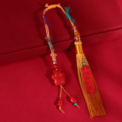 Natural Imperial Red Sand Lucky Cat Car Hanging Ornament - Tibetan Style Feng Shui Charm for Protection