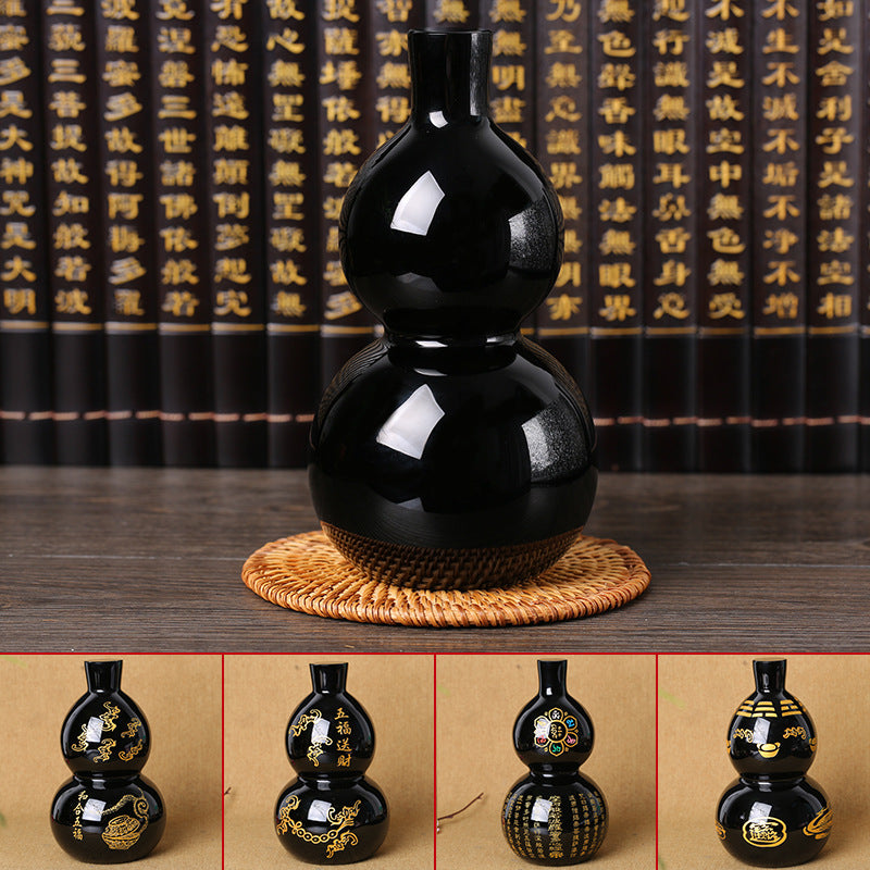 Natural Obsidian Gourd Ornament – Feng Shui Home Office Crystal Decor for Protection