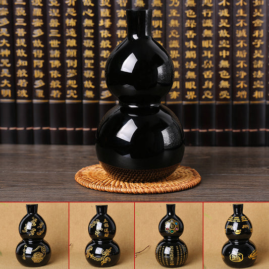 Natural Obsidian Gourd Ornament – Feng Shui Home Office Crystal Decor for Protection