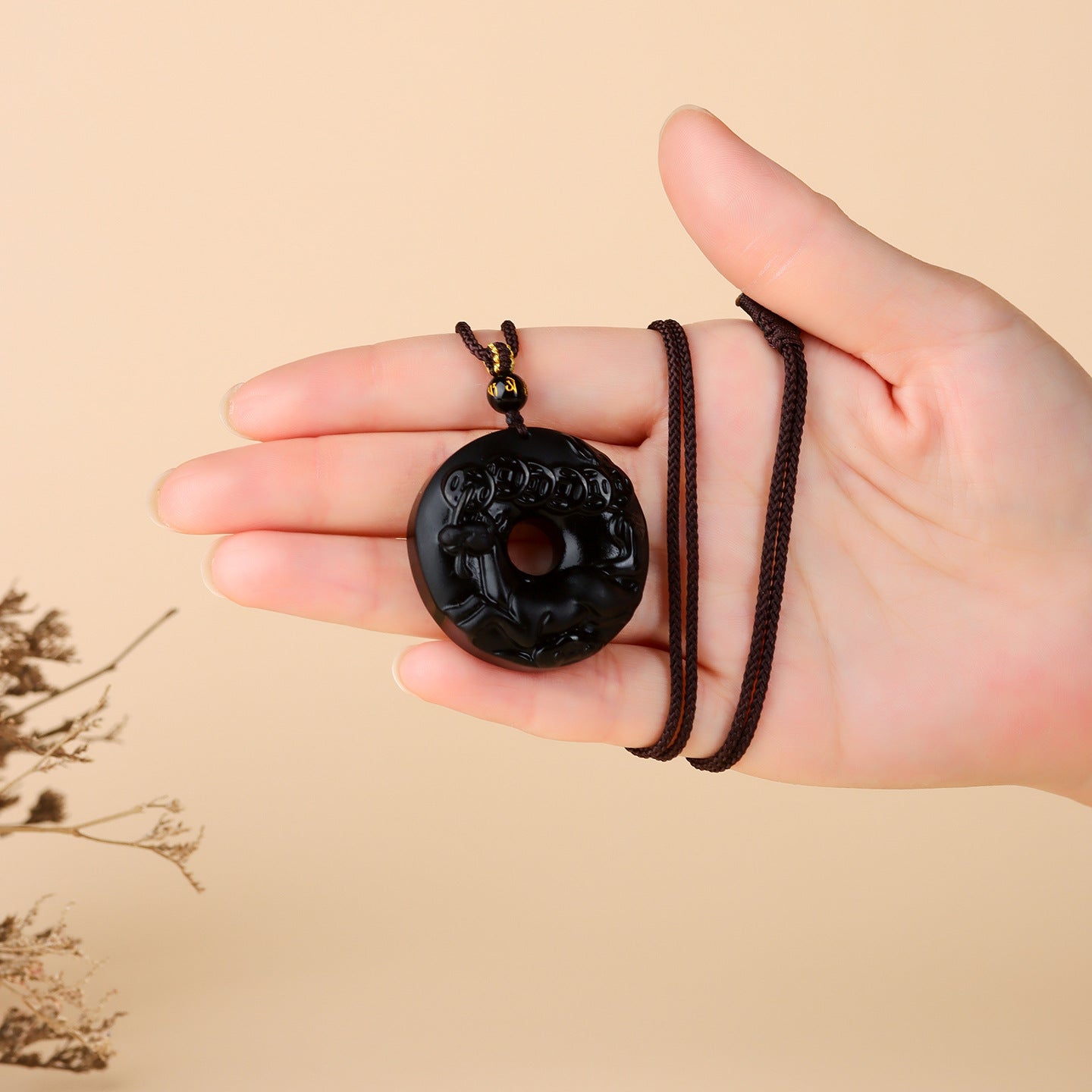 Natural Obsidian Zodiac Peace Buckle Pendant | Spiritual Protection & Fortune Necklace